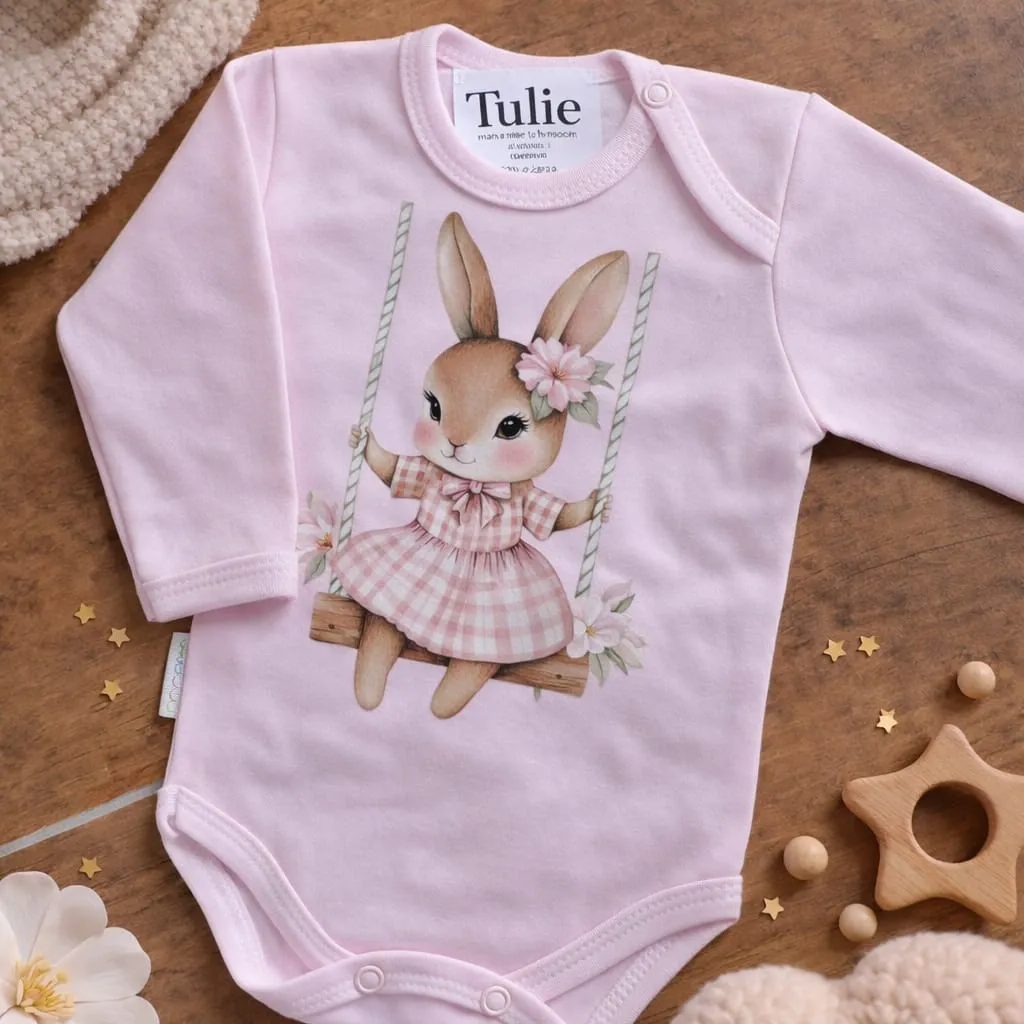 Pink baby bodysuit with bunny swing print cotton – girls
