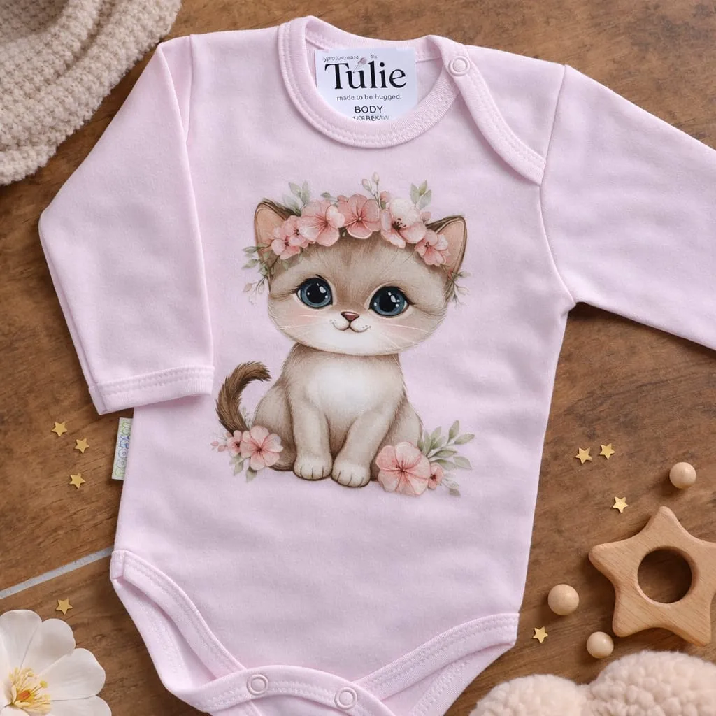 Roze baby romper met kitten bloemen print katoen – meisjes