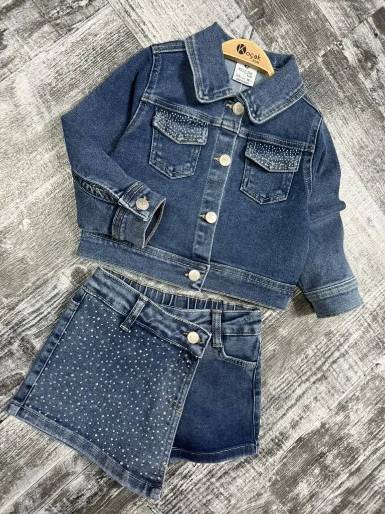Girls denim set with skort – jacket and skirt with shorts