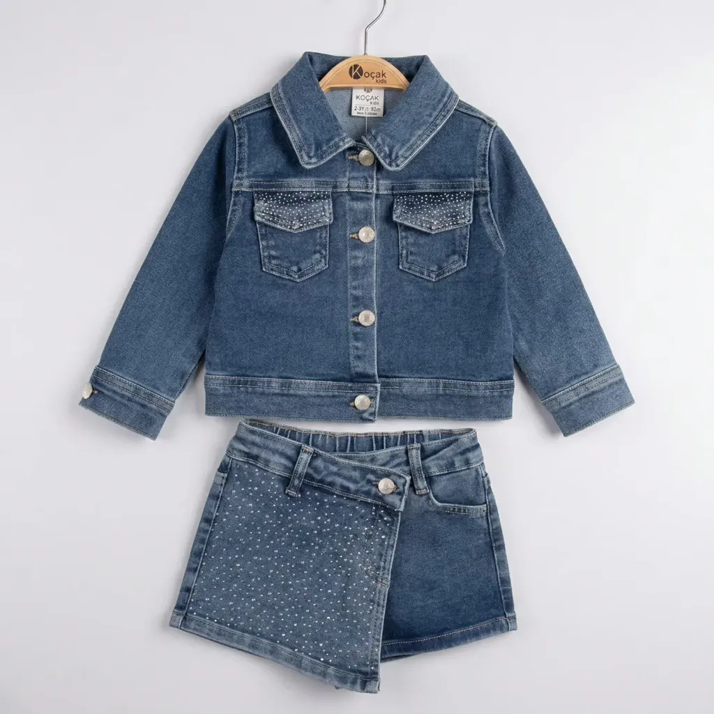Meisjes denim set met skort – spijkerjasje en rokje met broekje