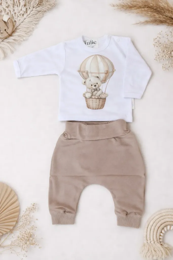 Baby set with teddy bear balloon print – top and pants