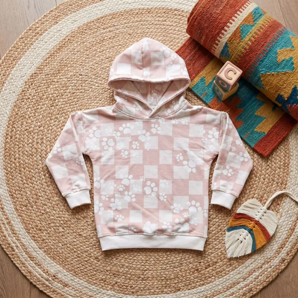 Girls hoodie with check print and paw pattern – premium sweatshirt with double hood