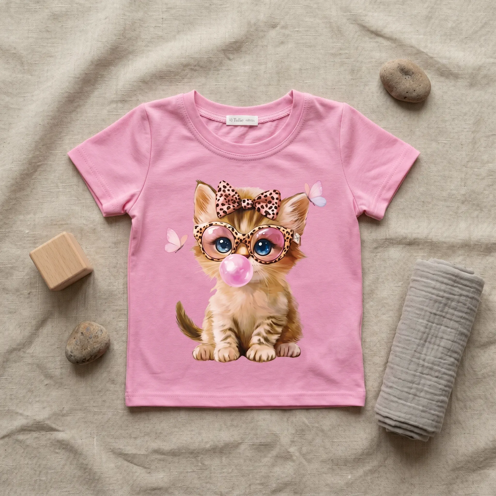 Girls T-shirt with cute kitten and bow – pink