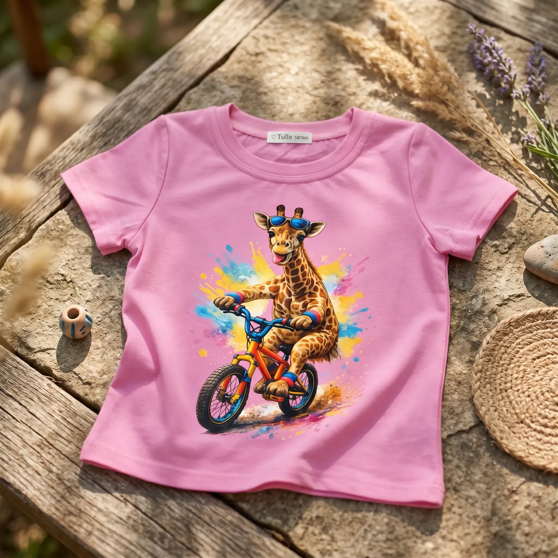 Meisjes T-shirt met giraf op fiets – roze