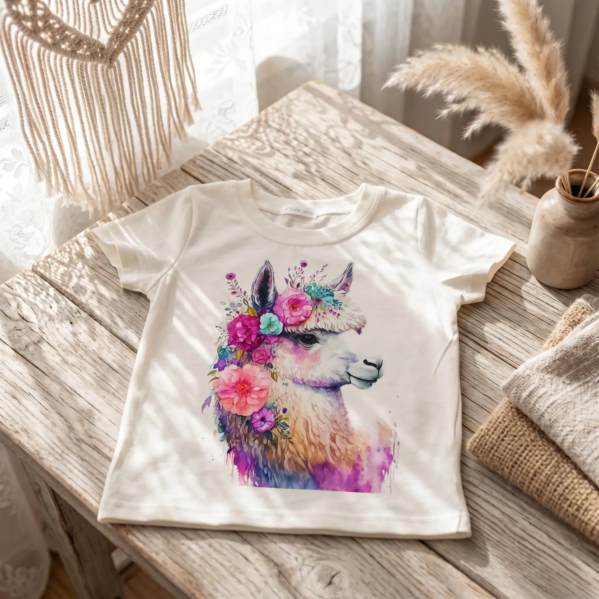 Girls T-shirt with alpaca and floral print – ecru (86/92)