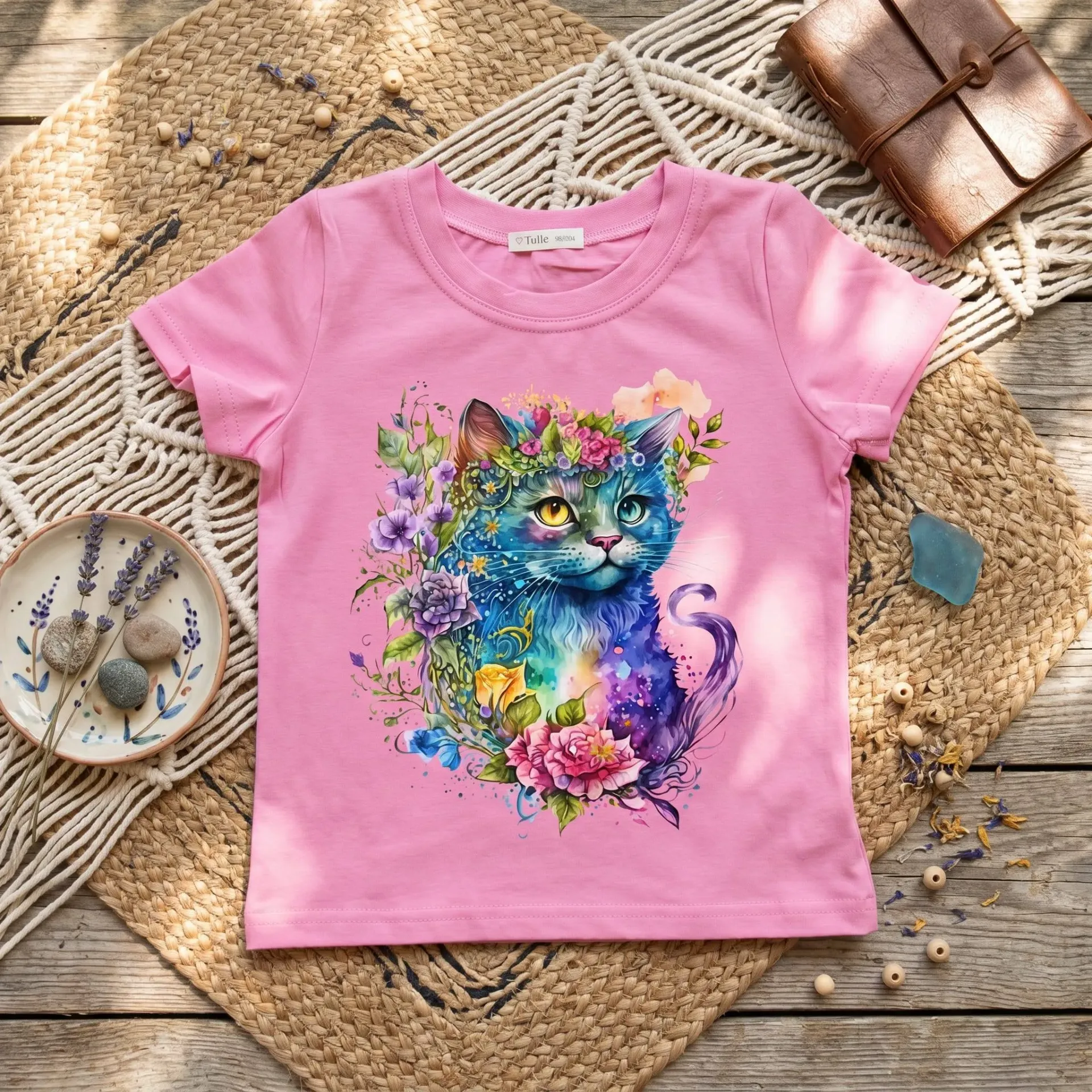 Meisjes T-shirt met kleurrijke kat en bloemen – roze